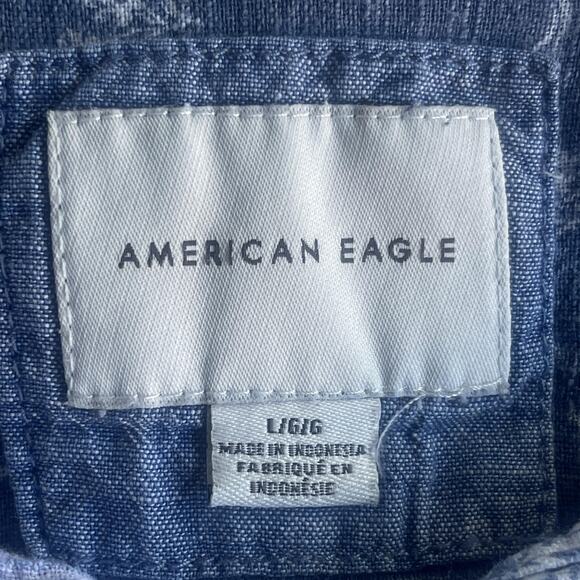 American Eagle Shirt Womens Large Blue Patchwork Button Down Linen Blend Boho - Picture 5 of 8